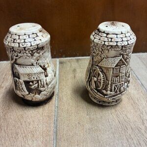 Vintage Salt and Pepper Shakers Covered bridge and Water mill